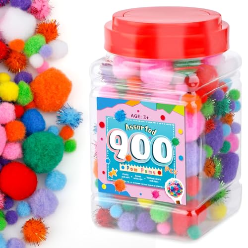 JUAYING 900 PCS Pom Poms Pompoms for Crafting Craft Pom Poms in Jar Assorted Pompom Mini Pom Poms for Bags Hats DIY Crafts Home Decorations Arts Projects