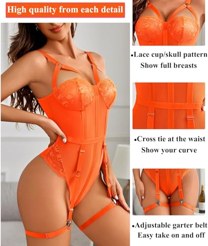 Image of SSoShHub Women Lingerie Set Lace Teddy Strap Babydoll Bodysuit Bikini with Garter Belt One Piece Lingerie Strappy Lingerie