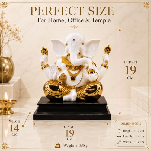 Image of Premium Lord Ganesha Statue - White & Gold Ceramic Ganpati Idol - Luxury Hindu God Figurine for Home Decor, Pooja Mandir, Office, and Auspicious Gifting