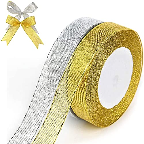Paquete de 4 Cintas Plateadas y Doradas Cintas Plateadas y Doradas Para Envolver Regalos Decoraciones Para Arboles de Navidad Decoraciones para Manualidades (2 Plateadas y 2 Doradas,22 mm) Cover