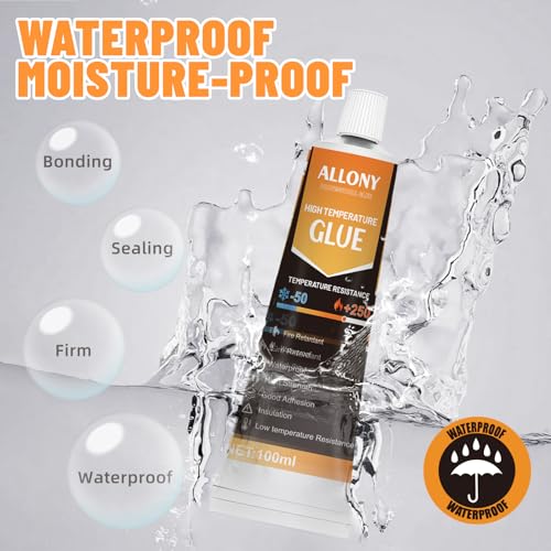 Allony Hochtemperaturkleber, Kleber Hitzebeständig, Durchscheinend Hitzebeständiger Kleber, Hochtemperatur Silikon, Hohe Klebekraft, Ideal für den Einsatz in Autos, Haushaltsgeräten - 100ml