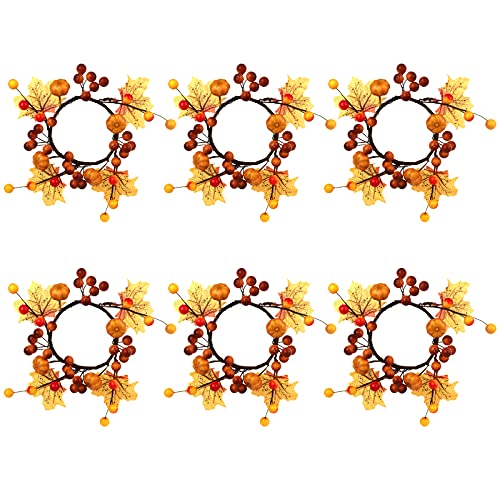 6PCS Fall Candle Rings Wreaths, Artificial Maple Leaves and Berries Candle Rings for Pillars, Fall Candle Garland for Farmhouse Thanksgiving Halloween Centerpiece Table Decor(#4)