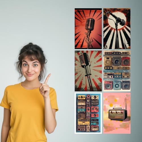 Image of SiddArtify Retro Music Art Print Set - Vintage Microphones and Radios - 300GSM Board - 12x18 Inch - Pack of 6 Wall Room Decoration art Poster Prints