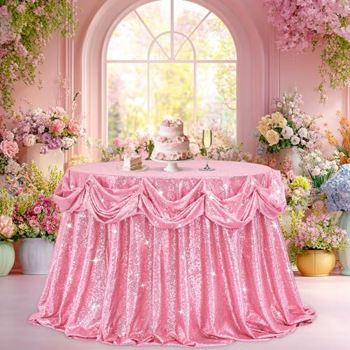 Image of B-COOL Sequin Tablecloth Round Party Decorations: 90 Inch Tablecloth Sequin Overlay Glitter Fabric for Indoor and Outdoor Gathering Parties Fuchsia Pink