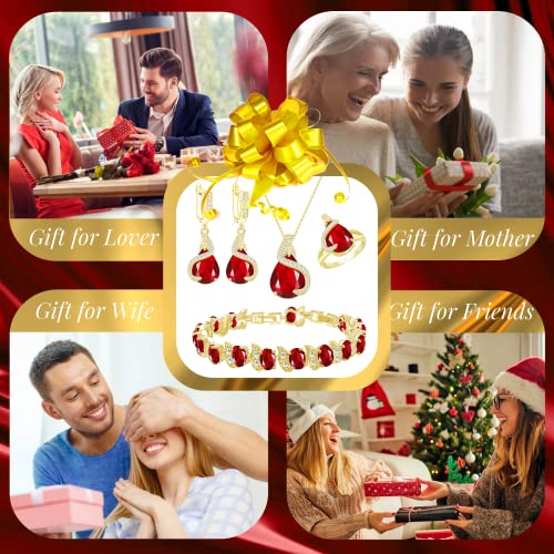 Gzwhd Red Created Ruby Gold Plated Jewelry Set For Women Girl Valentine's Day Gifts Water Drop Earrings Pendant Necklace Open Ring Bracelet Set Gifts For Wife Mother Friend Daughter #TOP4