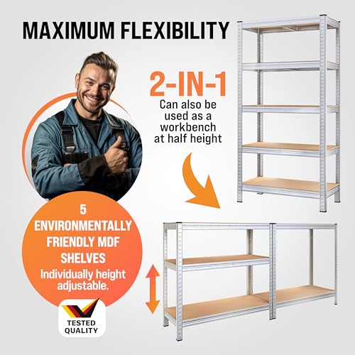 Monzana® 2x 5 Tier Shelving Unit Garage Shelving Units, Silver 180x90x40cm - Image 5