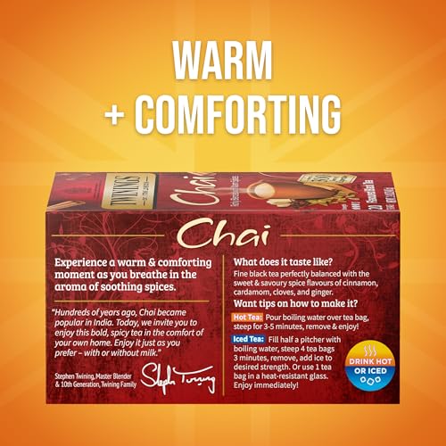 Image of Twinings Chai Black Tea Individually Wrapped Bags, 20 Count (Pack of 1), Sweet, Savoury Spices, Caffeinated, Enjoy Hot or Iced, 20 Teabags