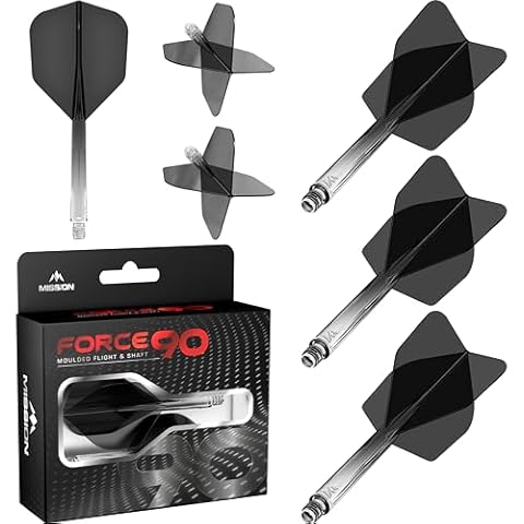 Mission Darts Force 90 | Integrated Precision Moulded Dart Flight and Shaft System, Pack of 3 Professional Durable Combined Dart Flights and Stems | Standard No.6 (Black Gradient, Medium). Cover