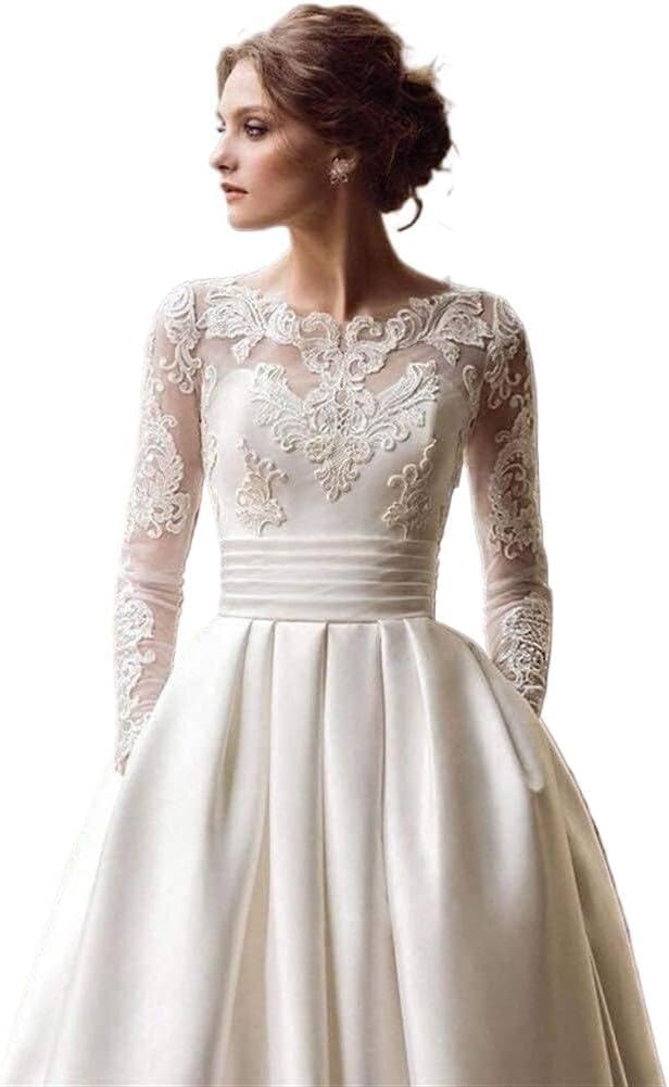 Robe de mariée à Manches Longues en Satin avec traîne et Appliques en Dentelle Blanche/Ivoire, Blanc, Plus52