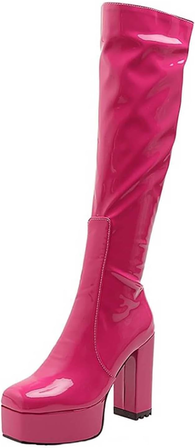 oiangi Over the Knee Boots for Women - Fashion Solid Square Toe Side Zipper Chunky Thick High Heel Platform Long Boots Fall Comfortable Casual Shoes