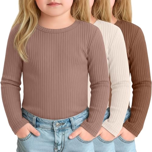 Mumucove 3 Pack Toddler Girls Long Sleeve Shirts Baby Ribbed Girls Layering Undershirts Crew Neck Basic Tee Slim Fit Tops (Brown, Cream, Caramel,10 Years)