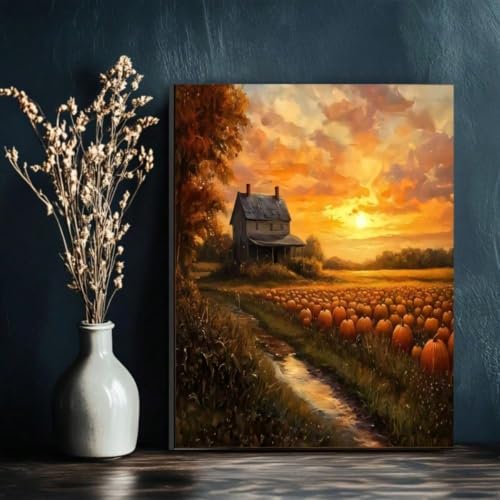 Tableau sur toile avec cadre paysage citrouilles décoration chambre