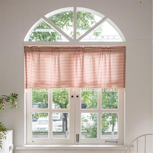 Odot Cortinas Cocina, Cortinas Semitransparente Moderno y Visillos Cortos para Ventanas, 1 Panel Cortina Cocina, para Salón Lavadero Baño y Pequeñas Ventanas (Rayas Rojas,150x61cm)