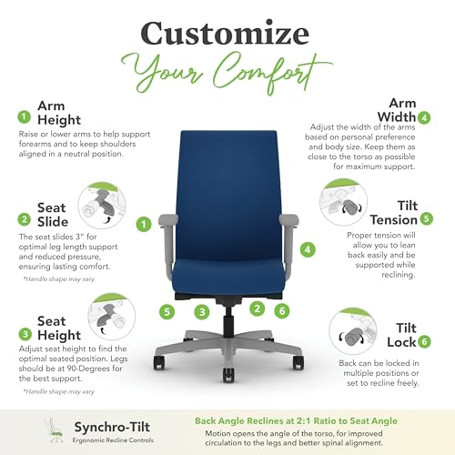 Image of HON Ignition 2.0 Ergonomic Office Chair with Adjustable Arms, Advanced Synchro‑Tilt Recline, Upholstered Desk and Computer Chair for Home Office or Workstation, Titanium Frame, Indigo