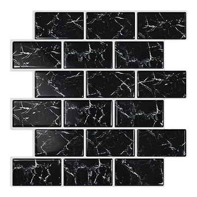 Tretizl 10 Sheets Thicker Design Peel and Stick Backsplash, Peel and Stick Wall Tiles, Subway Look Tiles Backsplash for Kitchen and Bathroom, 12"x12", Black