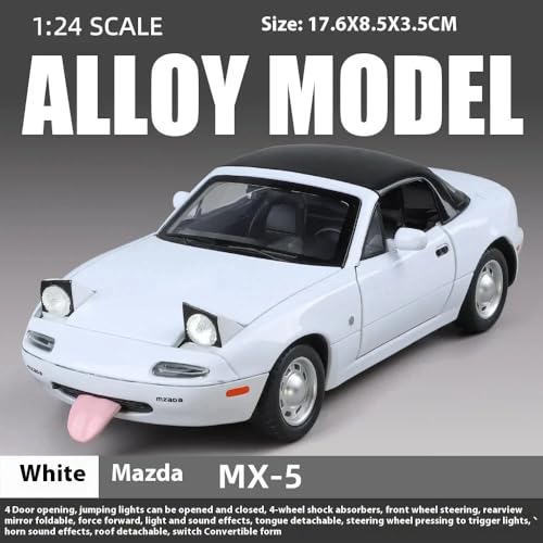 Image of 1:24 Mazda Miata MX-5 Diecast Model Car - Pull Back Metal Sports Toy Car with Light & Sound, Openable Doors - Collectible Toy Gift for Kids & Adults (White)