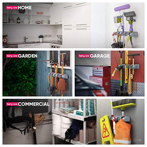 Image of Berry Ave Broom Holder Wall Mount and Garden Tool Organizer, Closet Storage, Kitchen Rack, Home Organization and Garage Organizer for Rake or Mop Handles Up to 1.25-Inches, Hanger Plus 6 Hooks (Grey)