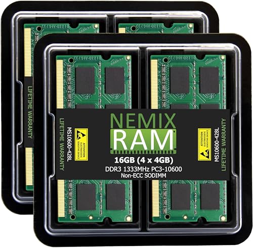NEMIX RAM 16GB (4X4GB) DDR3 1333MHz PC3-10600 2Rx8 1.35V 204-PIN Non-ECC SODIMM Laptop PC Memory KIT
