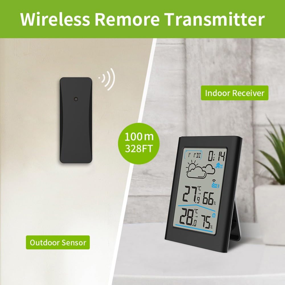 Bezprzewodowa stacja pogodowa, cyfrowy termometr wewnętrzny i zewnętrzny, cyfrowy czujnik wilgotności i termometru z wyświetlaczem LCD(Black)