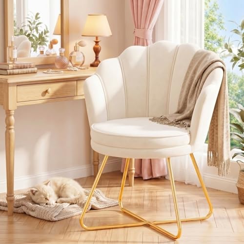 Hellove Chaise Coiffeuse, Chaise Coquillage Velours avec Pieds en Métal l'or, Fauteuil Salon Confortable, Fauteuil Lecture, Chair pour Salon, Chambre,...