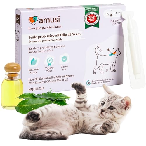 amusi Fiale Protettive Olio di Neem per Gatti - 5 Pipette Gatti da 1 ml - Antiparassitario - Antipulci Gatto Contro Zecche Pulci Zanzare Pidocchi - Lunga Durata e Protezione Effetto Scudo