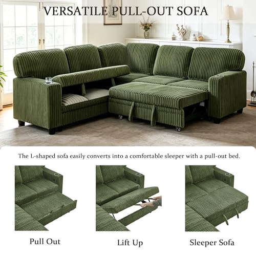 Image of KEIKI 81 inch L-Shaped Oversized Corduroy Modular Sectional Sleeper Sofa with Pull-Out Bed, Storage Seat, 5-Seater Upholstered Couch Bed with Charging Station, Easy Assembly, for Living Room, Olive Green