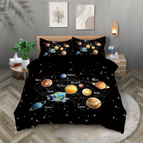 ZKTCYC Housse de Couette Planète Système Solaire éToile Parure de Lit 90x190 Enfant Garçon Fille Adulte Planète Spatiale Noir Housse de Couette 1 Personne en...