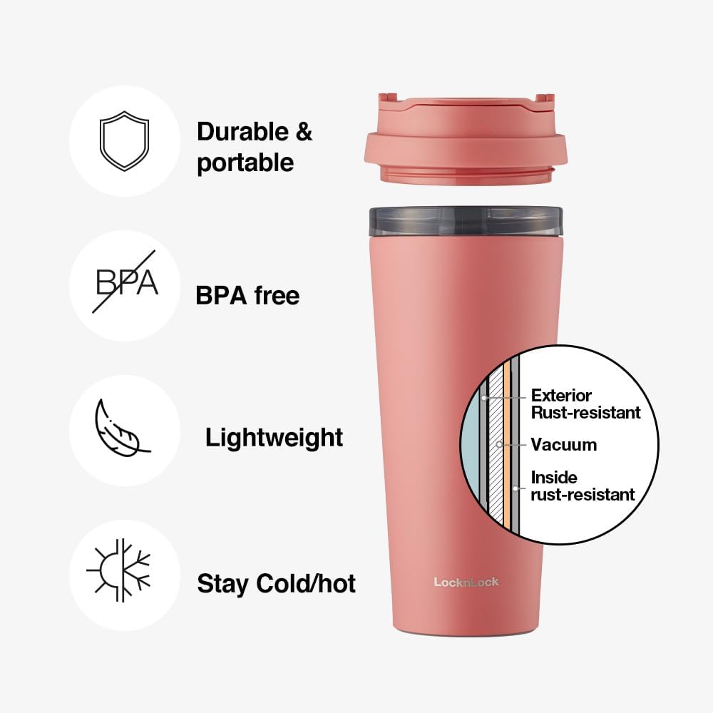 LocknLock Clip Tumbler Yellowish Red (Pink) 18oz Coffee Tumbler with Leak Proof Lid, BPA-Free Double Wall Stainless Steel Vacuum Insulated Travel Mug Valentines Day Gifts - Image 2