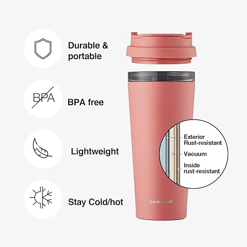 Miniatura 2 de LocknLock Vaso de café de 18 onzas con clip rojo amarillento (rosa) con tapa a prueba de fugas, de acero inoxidable de doble pared sin BPA, con