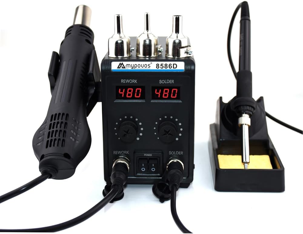 8586D 110V Solder Station, 2 in 1 LCD Dual Digital Display SMD Hot Air Gun Rework Station and Soldering Iron,750W