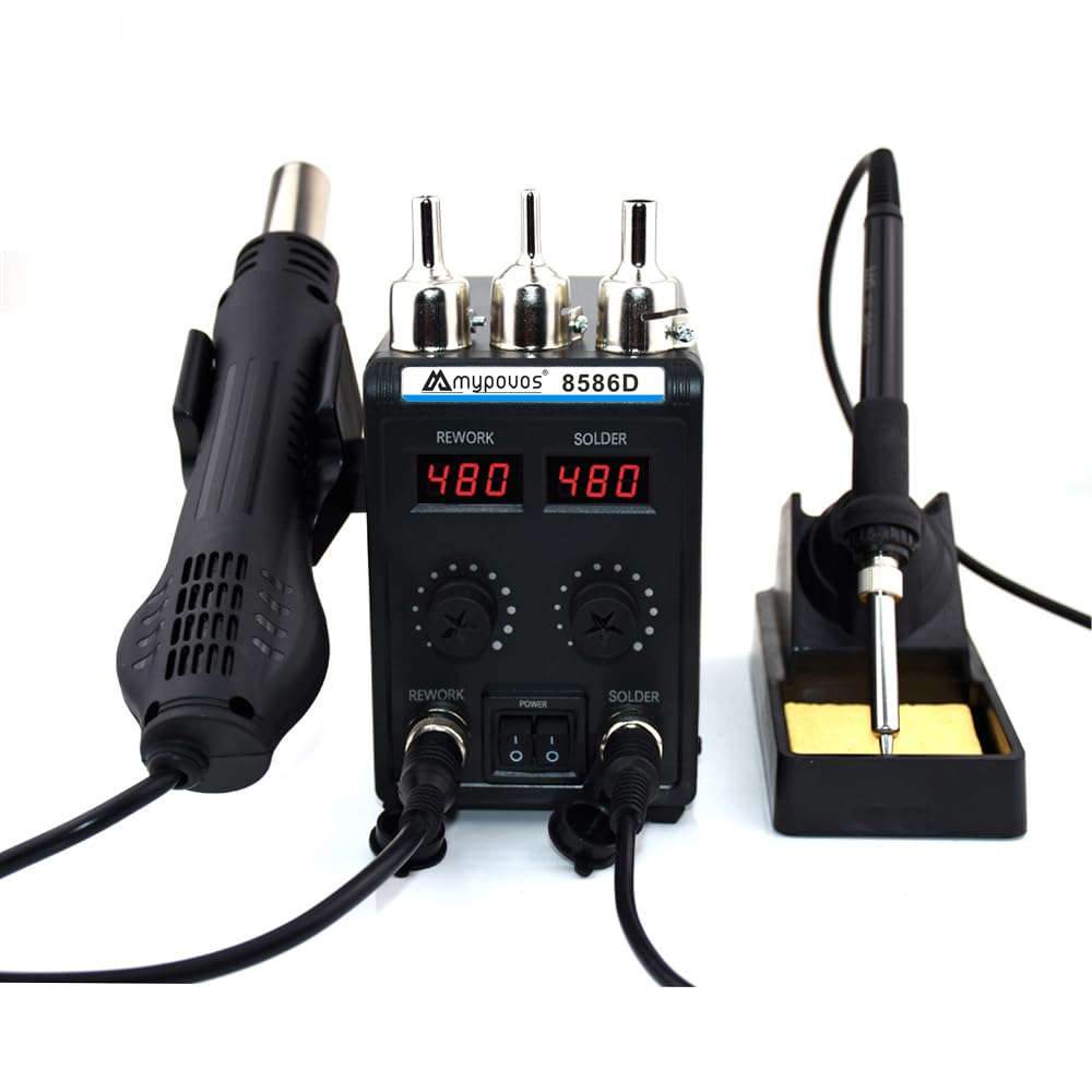 MYPOUOS 8586D - Stazione di saldatura a 110 V, display LCD 2 in 1, display digitale Dual SMD Stazione di rilavorazione a pistola ad aria calda e saldatore, 750 W