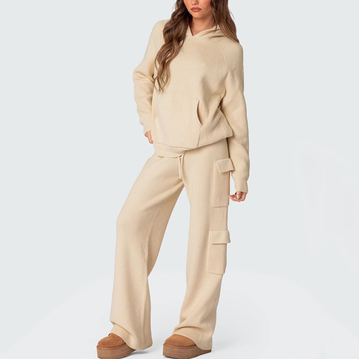 LANGWEI Conjunto Deportivo Para Mujer Ropa De Calle De Punto Cálido Conjunto De 2 Piezas Suéter Con Capucha Pantalón De Pierna Ancha Con Bolsillos