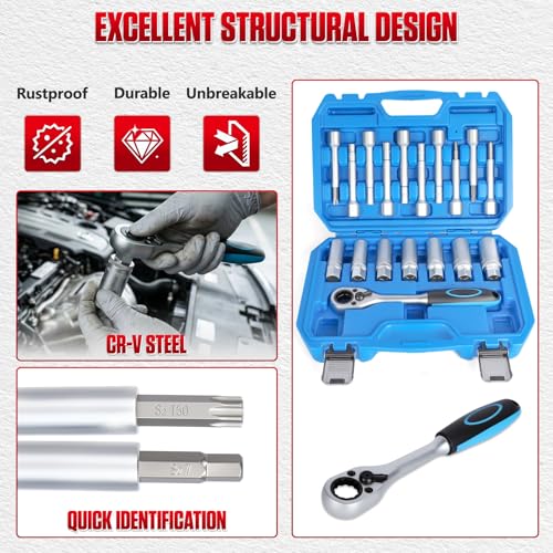 MOTOCOCHE 18tlg Stoßdämpfer Werkzeug, 1/2' Antrieb Stoßdämpfer Nuss Werkzeug Sat, CR-V Federbein Spreizer für Federbeinwechsel, Domlager Reparatur & Stoßdämpfer Hinten