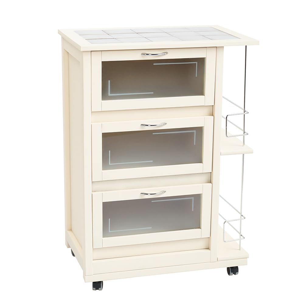 Carrello da cucina LANDHELL con ruote cassettiera a ribalta portabottiglie in ferro (Laccato Avorio)