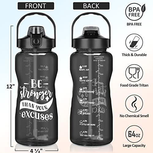 Half Gallon Water Bottle with Storage Sleeve & Removable Straw 64 OZ Water Bottle with Time Marker to Drink Leakproof BPA Free Motivational Water Jug Workout Gym Sport with Neoprene Holder Women Men
