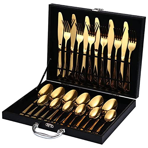 Set di Posate in Acciaio Inossidabile, Set di Posate da 24 Pezzi, Set di Posate in Acciaio Inossidabile, Coltello/forchetta/Cucchiaio lucidati a Specchio, Confezione Regalo (Oro)