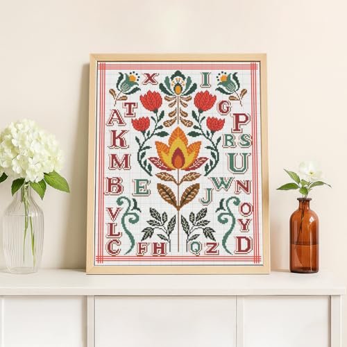 Image of FREEBLOSS 11CT Cross Stitch Kit Stamped Cross Stitch Craft Kit with Stitching Guide for Beginners Glass Retro Folk Pattern Embroidery Set Crossstitch Wall Hanging Set 13.7x19.7inch