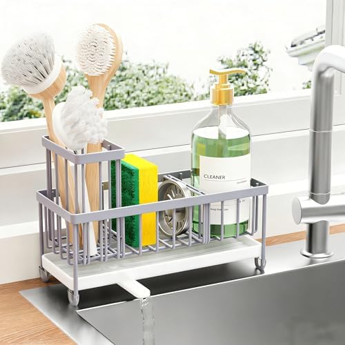 Cisily Sponge Holder for Kitchen Sink, Sink Caddy with High Brush Holder, Organzier Rustproof 304 Stainless Steel Dish Organizer Divider, Soap Dispenser Storage 22