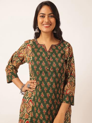 Image of Vbuyz Women's Printed & Embellished & Mirror Work Straight Cotton Stitched Kurta set | Straight Kurta Pant Dupatta | Kurta Set with Dupatta for Women | Suit Set | Ethnic Set | Printed Kurta Set