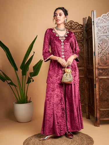 Image of Women Velvet Embroidered Short Kurta With Palazzos