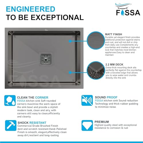 Image of Fossa 20 inchx17 inchx09 inch Premium Stainless Steel Handmade Single Bowl Kitchen Sink | Scratch Resistant, Anti-Stain | Includes Coupling, Waste Pipe & Fruit Basket - Black (Matte Finish)