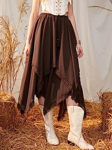 Verdusa Women's Y2k Goth Skirts Western Boho Lace Trim Asymmetrical Country Flowy Long Skirt3