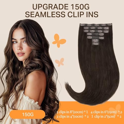 Image of DOORES Seamless Clip in Hair Extensions Real Human Hair, Light Dark Brown 150g 7pcs 22 Inch Virgin Clip in Hair Extensions, Invisible Edge Clip in Hair Extensions, Straight Natural Hair