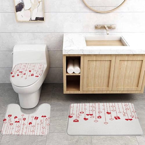 VPUPCN Valentine's Day 3 Pcs Bath Rugs Set,Red Heart Romantic Love Sweet Couple Modern Simple White Bathroom Kitchen Rug with 17.8