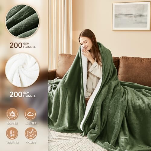 Image of Homemate Electric Heated Blanket King Size - 100 inchx90 inch Heating Bed Blankets Throw with 8 Hours Auto Off 10 Heating Levels Fast Heating Over-Heated Protection Soft Warm Flannel Bed ETL Certified Green