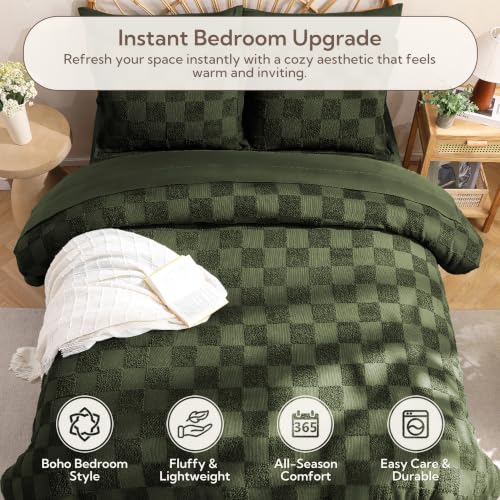 Image of MR&HM King Comforter Set 7 Pieces, Checkered Boho Bed Set Dark Olive Green | Farmhouse Vintage Bed with Plaid Geometric Design, All-Season Bed in A Bag Comforter with Sheets, Pillow Shams & Pillowcases