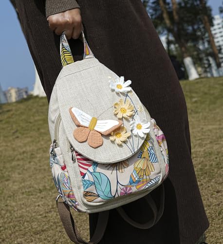 Image of Womens Boho Cotton Hemp Cloth Backpack Boho Vintage Embroidered Casual Purse Handbags Messenger Bag Swan