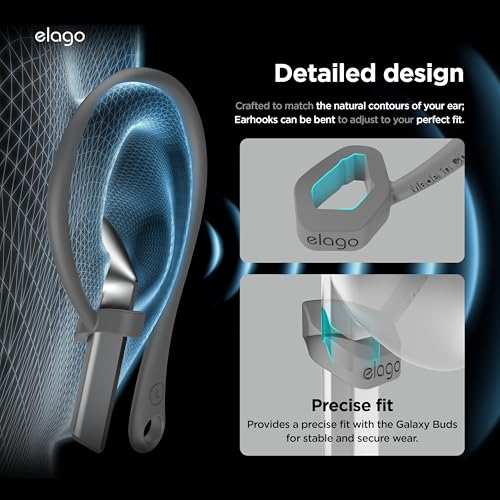 Image of elago Ear Hooks Designed for Samsung Galaxy Buds 3 &Galaxy Buds 3 Pro Earbuds Accessories, Anti-Slip, Ergonomic Design, Comfortable Fit (Dark Grey)