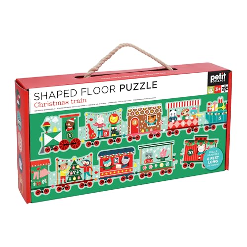 Petit Collage: Christmas Train Shaped Floor Puzzle - Giant 6ft Long 30-Piece Holiday Floor Jigsaw for Toddlers 3+ – Chunky Pieces with Box Handle – Eco-Friendly Seek-and-Find Gift for The Holidays