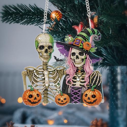 Image of AiYuanzsh Large Diamond Art Painting Pendant 5D Diamond Art Hanging Kit Halloween Skull Pumpkin DIY Crystal Window Door Pendant for Adults Gift Wall Home Halloween Decoration (24.1x23.1 cm)